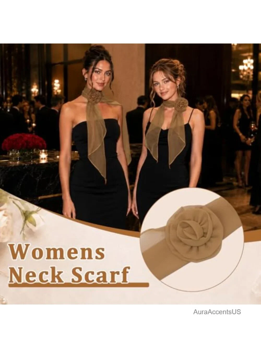 Detachable Rose Flower Scarf Lightweight Fashion Neck Scarf for Women Polyester